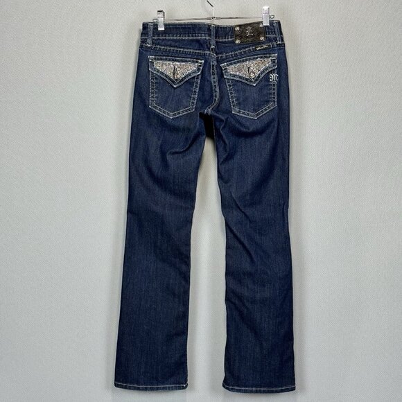 Miss Me Jeans Womens 29 Blue Boot Low Rise Stretch Dark Wash Denim Rhinestones - Picture 1 of 13